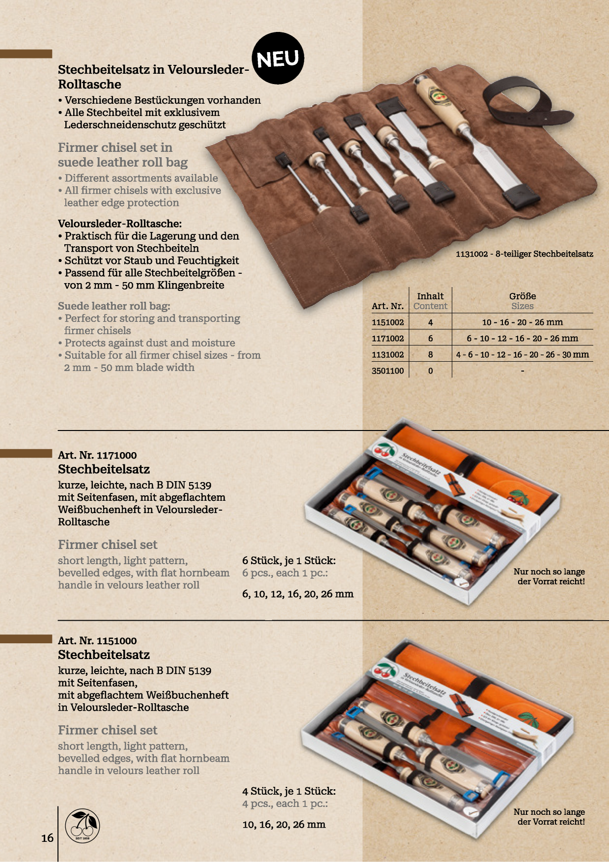 KIRSCHEN Stechbeitelsatz mit Weißbuchenheft 102026mm mit Japan