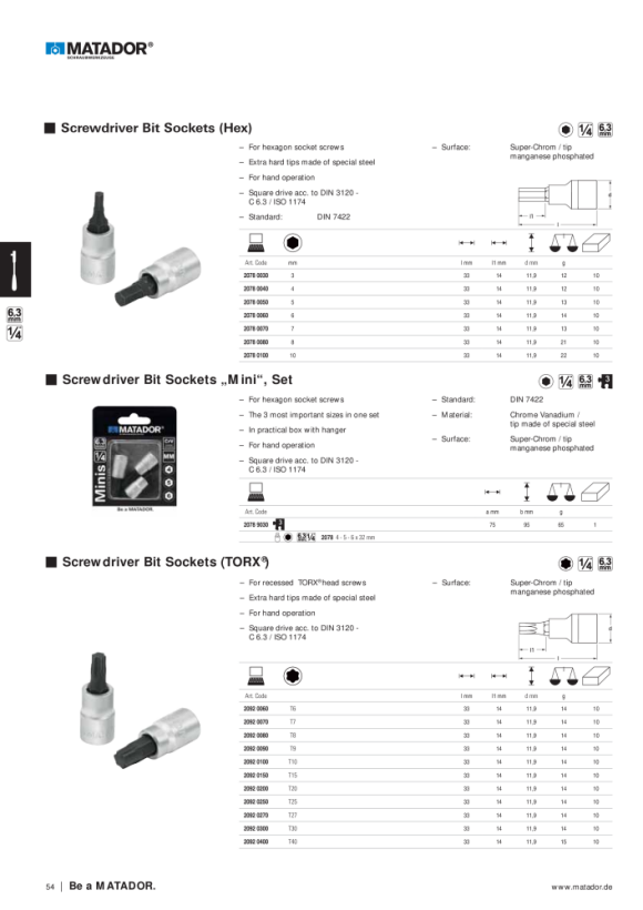 MATADOR Cube XS:  Bit Sockets 6,3(1/4) TORX, 16 pcs 104x52x60mm 8150 2092