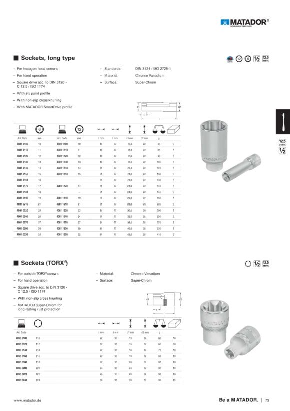 MATADOR Socket, long type, 6 pt 12,5 (1/2) 18mm 4081 0181