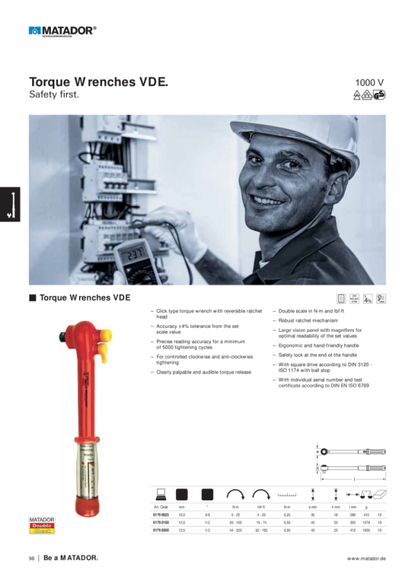 MATADOR Torque Wrench VDE 12,5(1/2): 44-220Nm 6179 0200