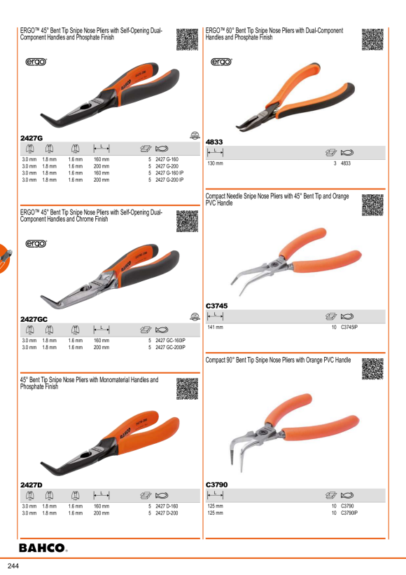 BAHCO FLAT NEEDLE PLIERS, STRAIGHT, 200MM 2477 AB