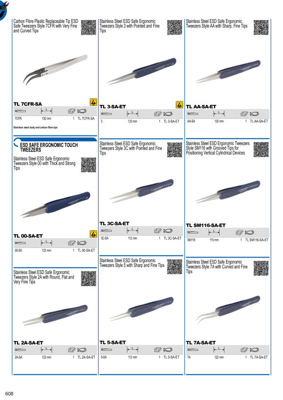 BAHCO Ergonomische Soft Touch Pinzette, Typ 3C-SA, antimagnetisch, ESD-sicher, mit geraden, feinen Spitzen TL 3C-SA-ET