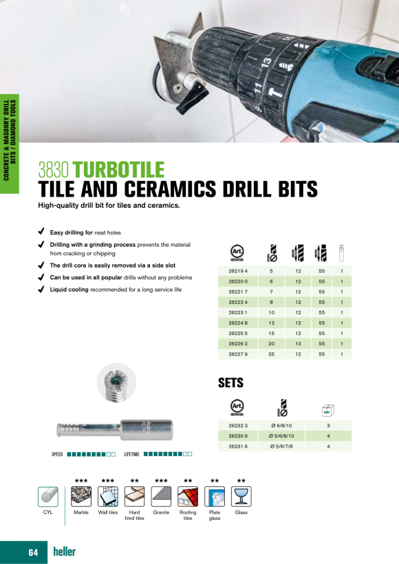 Heller Tools TurboTile Fliesen- & Keramikbohrer, Rundschaft,  Satz 3-teilig Ø 6/8/10 26230