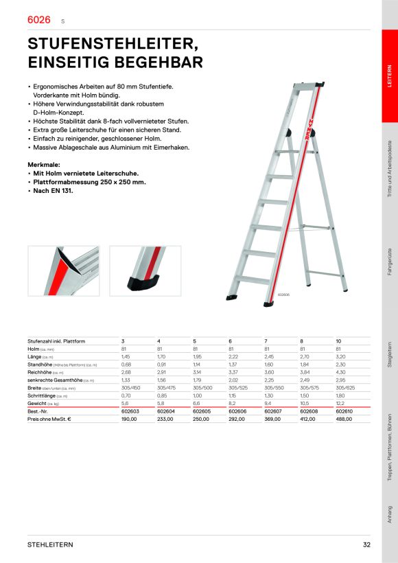 HYMER Stufenstehleiter mit Plattform, einseitig begehbar, 3 Stufen, Standhöhe 0,65 m 412603