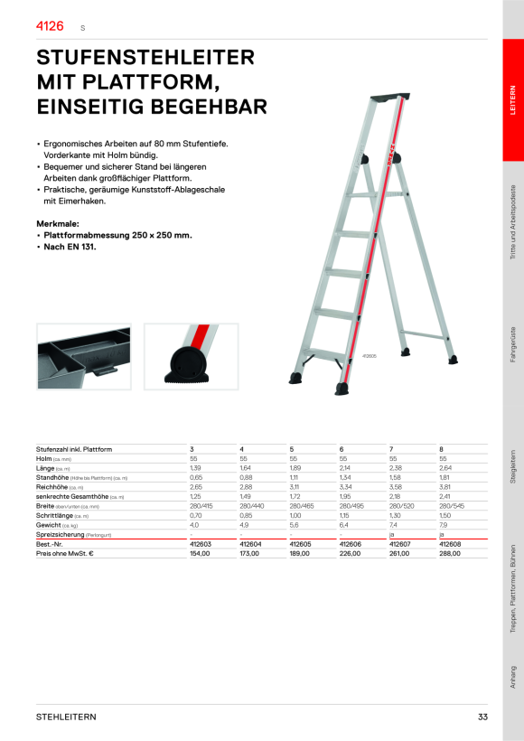 HYMER Stufenstehleiter mit Plattform, einseitig begehbar, 3 Stufen, Standhöhe 0,65 m 412603
