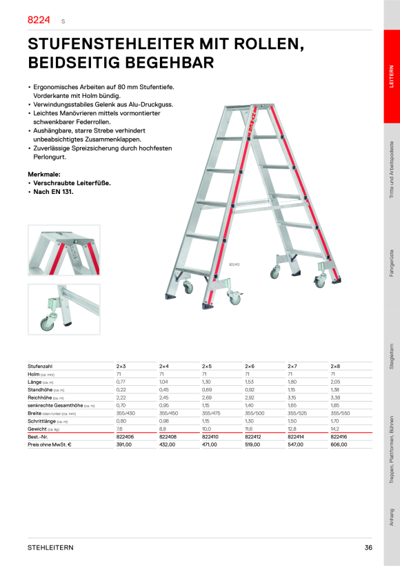 HYMER Stufenstehleiter mit Rollen, beidseitig begehbar, 2x3 Stufen, Länge 0,77 m 822406
