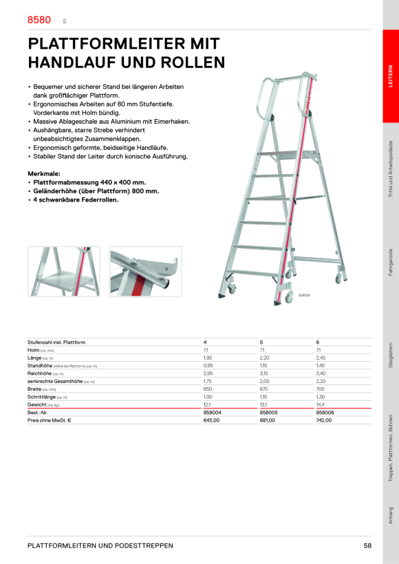 HYMER Plattformleiter mit Handlauf und Rollen, 5 Stufen, Standhöhe 1,15 m 858005