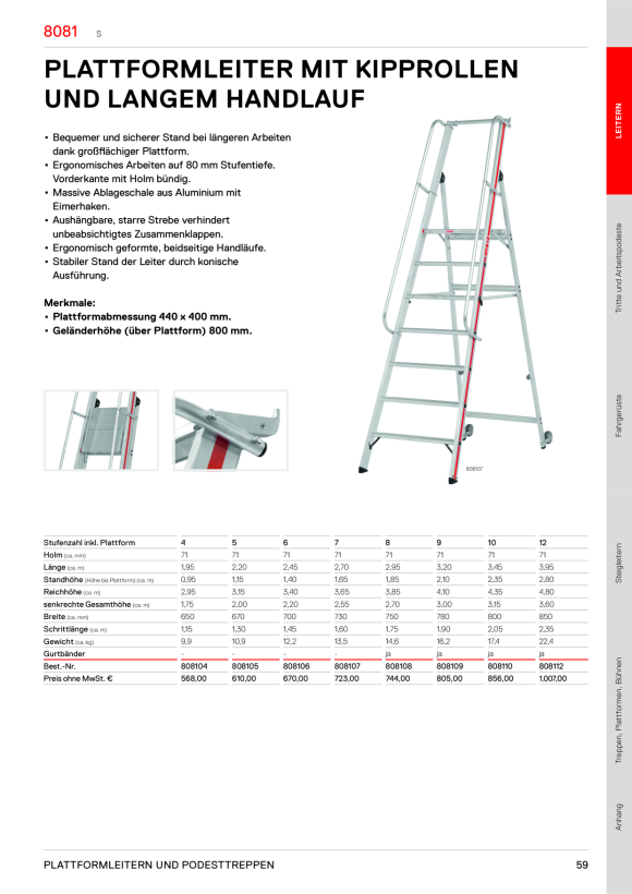 HYMER Plattformleiter mit Handlauf und Rollen, 5 Stufen, Standhöhe 1,15 m 858005
