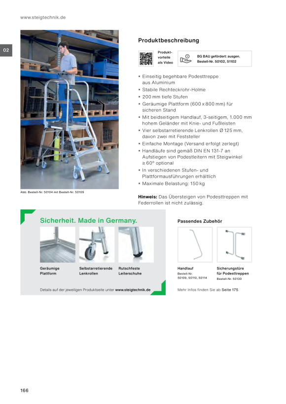 MUNK Platform stairs, with single-sided access, with spring-loaded castors, grooved aluminium 8 steps 50108