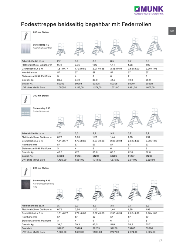 MUNK Platform stairs, with double-sided access, with spring-loaded castors, steel grating 6 steps 51206