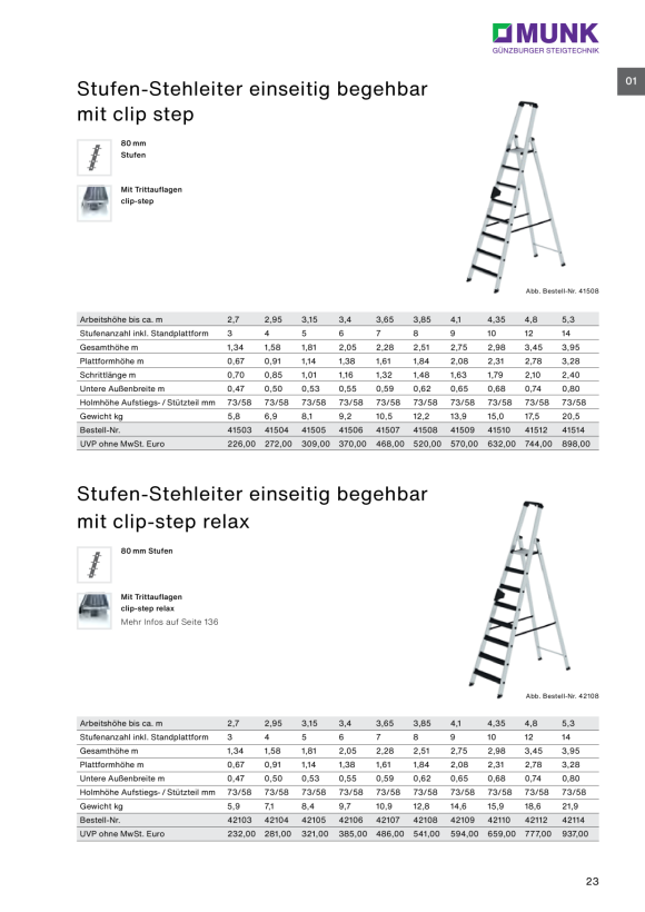 MUNK Single-sided stepladder with clip-step 4 steps 41504