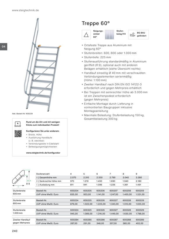 MUNK Stairs 60° step width 600 mm 13 steps Grooved aluminium 600213