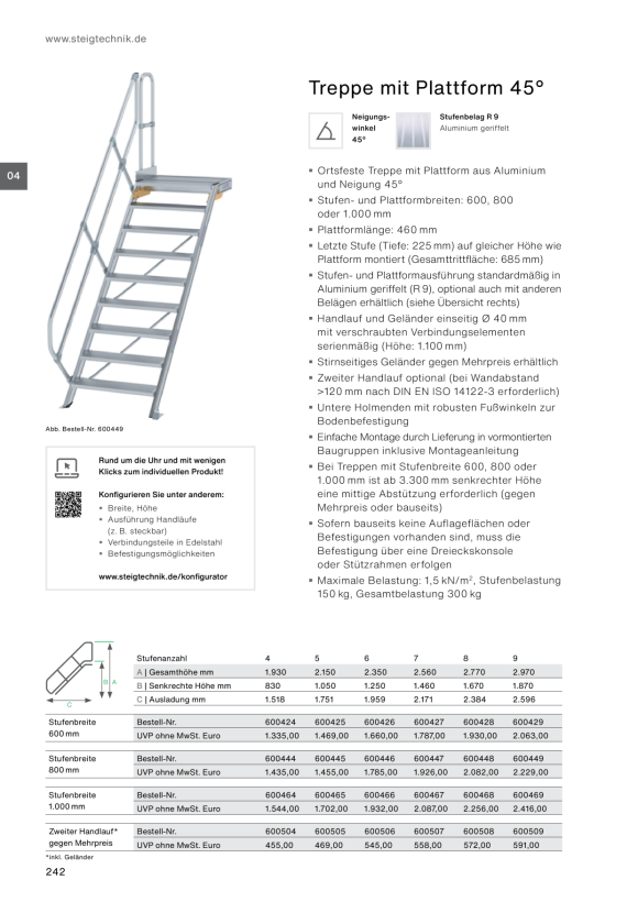 MUNK Stairs with 45° platform step width 600 mm 4 steps Grooved aluminium 600424