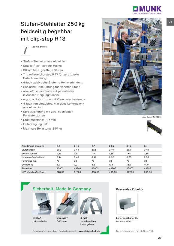 MUNK Double-sided stepladder 250 kg with clip-step R13 2x7 steps 43807