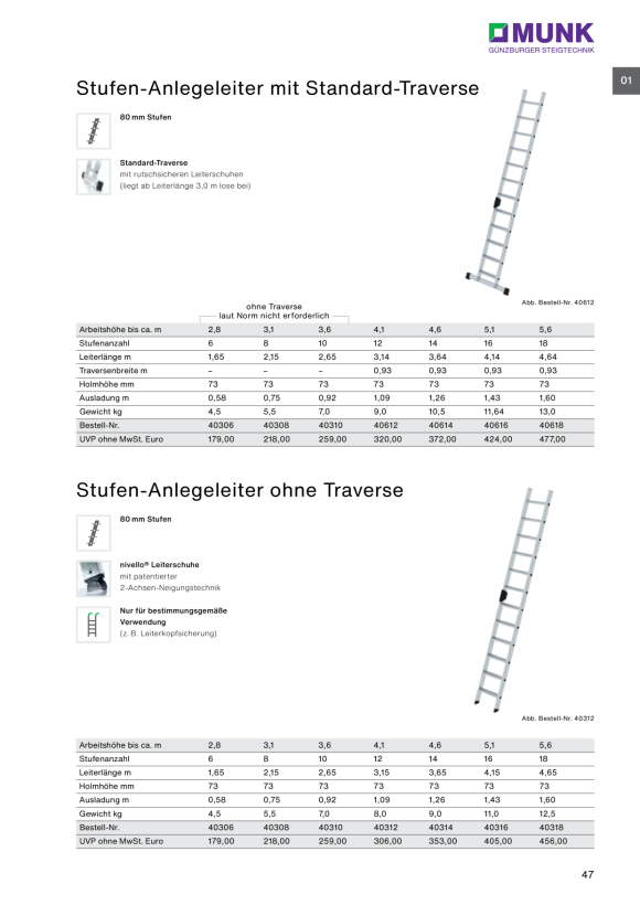 MUNK Stufen-Anlegeleiter mit Standard-Traverse 18 Stufen 40618