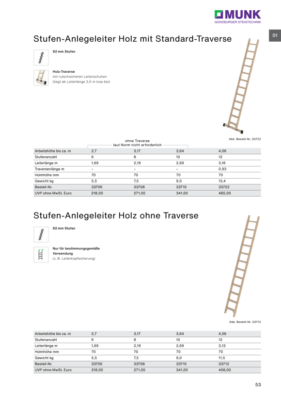 MUNK Step straight ladder, wood without stabiliser 6 steps 33706