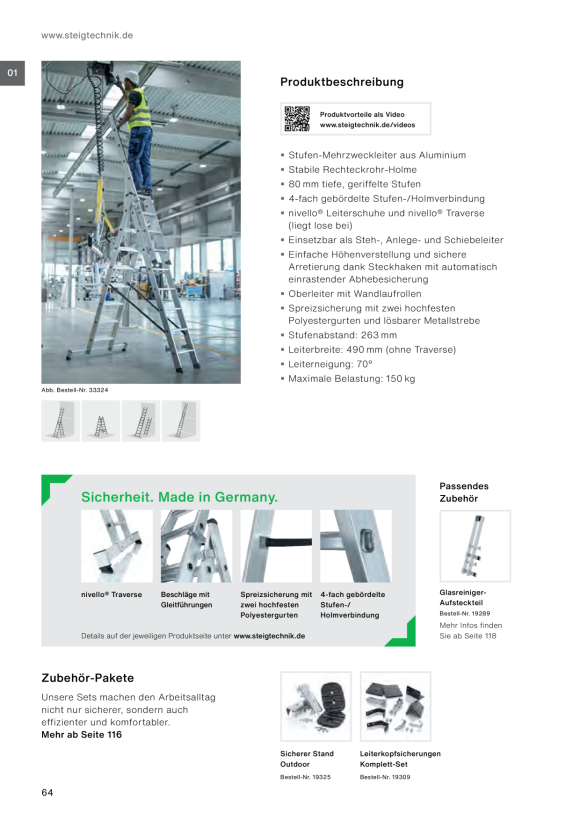 MUNK 3-section multi-purpose ladder with steps with nivello® stabiliser 3x7 steps 33321