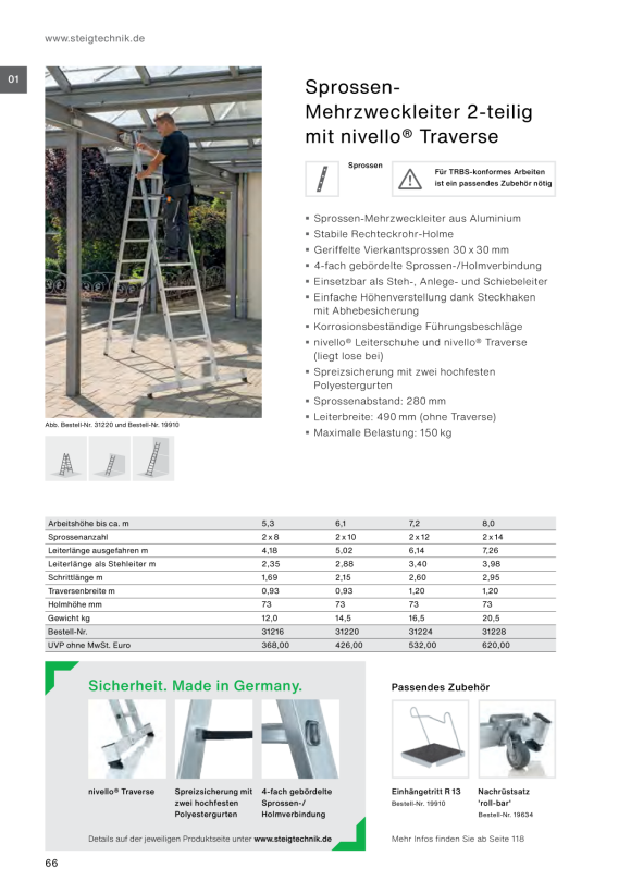 MUNK 2-section multi-purpose ladder with rungs, with nivello® stabiliser. 2x8 rungs 31216
