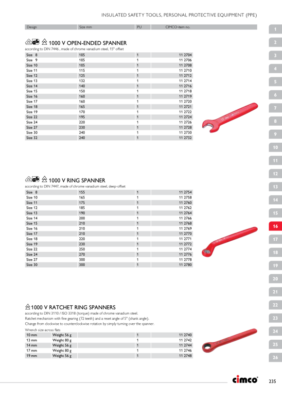 CIMCO Einmaulschlüssel DIN 7446, 1000V, SW9, 15° gekröpft 112706