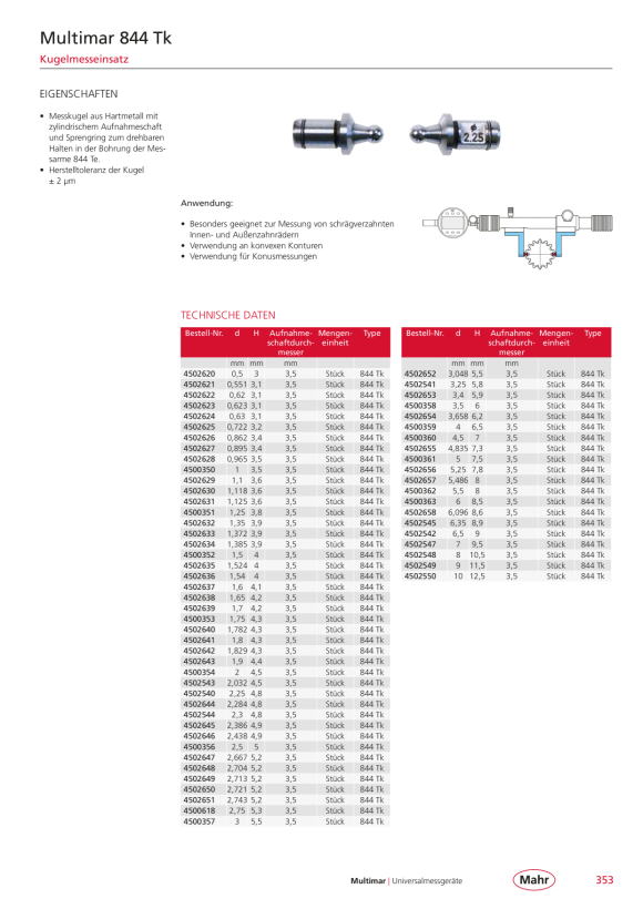 Mahr 844 Tk Kugelmesseinsatz HM-Kugel Ø 3,00 mm m.K. 4500357