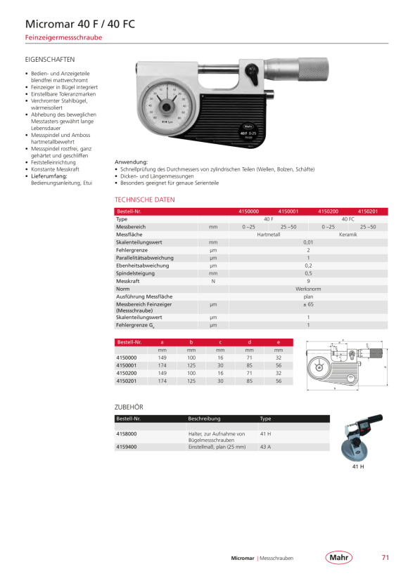 Mahr 40 A Bügelmessschraube 50-75 mm m.K. 4134002