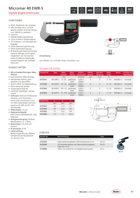 Mahr 40 EWR-S Digital Micrometer 75-100mm/3-4” with Data w.c. 4157044