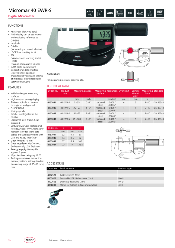 Mahr 40 EWR-S Digital Micrometer 75-100mm/3-4” with Data w.c. 4157044