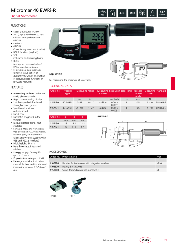 Mahr 40 EWR-B Digital Micrometer 25-50mm/1-2” with Data w.c. 4157033