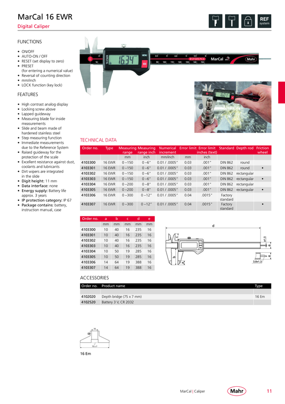 Mahr 16 EWRi Dig.Caliper 200 mm/8” rectangular depth rod iwi w.c. 4103404