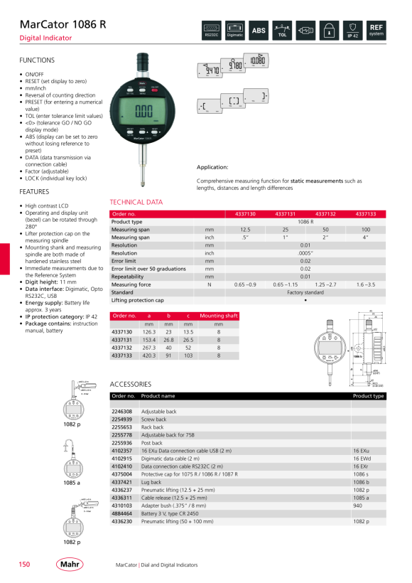 Mahr 1086 WR Digital Indicator 25mm/1” res.0,0005mm w.c. 4337641
