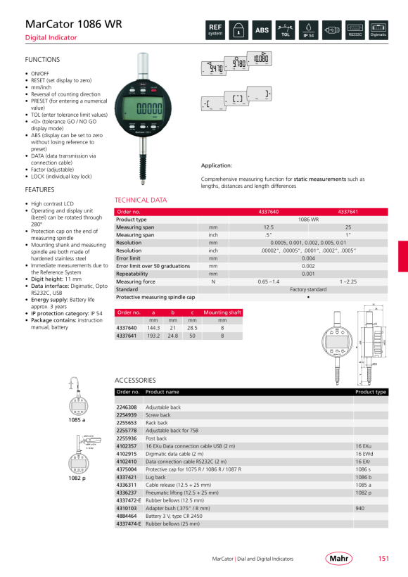 Mahr 1086 WR Digital Indicator 25mm/1” res.0,0005mm w.c. 4337641