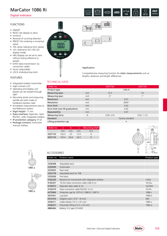 Mahr 1086 Ri Digital Indicator 100mm/4” res.0,0005mm w.c. 4337627