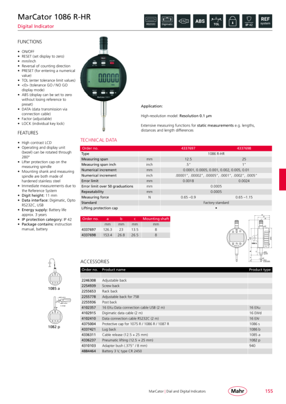 Mahr 1086 WRi Digital Indicator 12,5mm/.5” res.0,0005mm w.c. 4337142