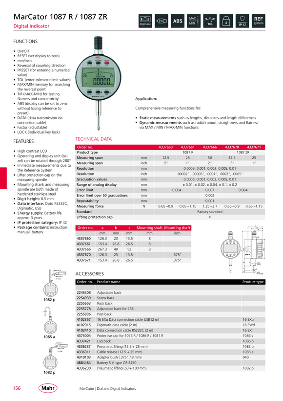 Mahr 1087 ZR Digital Indicator 12,5mm/.5” res.0,0005mm w.c. 4337670