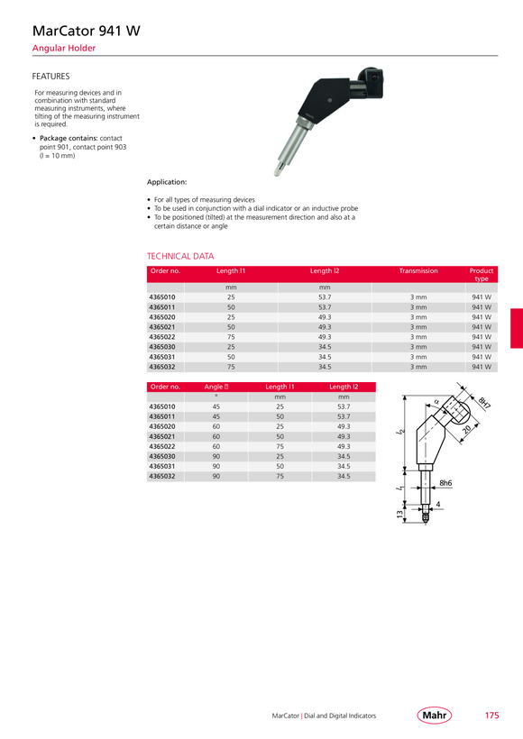 Mahr Deflexión de 941 W. Soporte, ángulo de 50 mm 60 grados 4365021