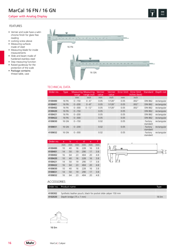 Mahr Pie de rey 16 GN, 200 mm vernier 0,02 mm 4100651