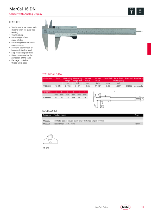 Mahr Pie de rey 16 GN, 200 mm vernier 0,02 mm 4100651