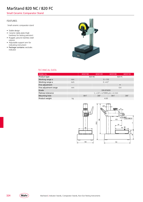 Mahr 820 NC Comp. Stand 0-110 mm Ceramic plate 80x80mm3/8” w.c. 4432120
