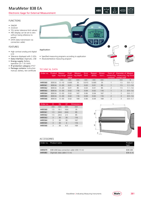 Mahr 838 USB data connection cable, USB incl. software for version A 4495079
