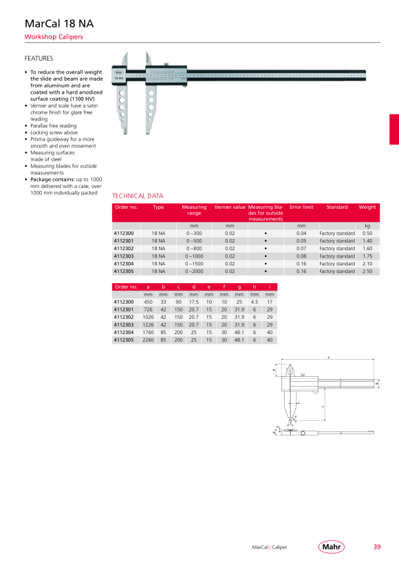 Mahr 18 NA workshop calipers, 2000 mm 4112305