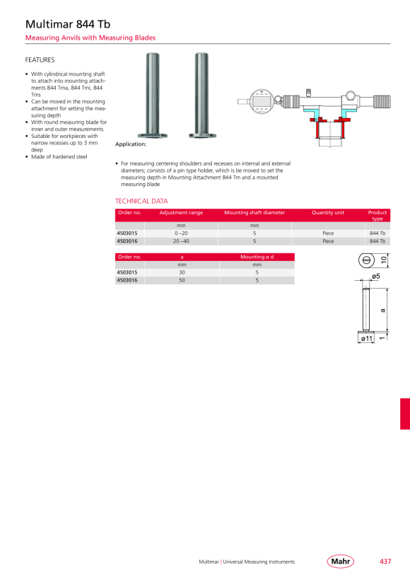 Mahr 844 Tb Measuring insert with round measuring plates 20-40 mm 4503016