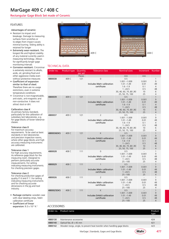 Mahr 406 C/2 Gage Block Set 87 pcs., Ceramic w.DC 4800017