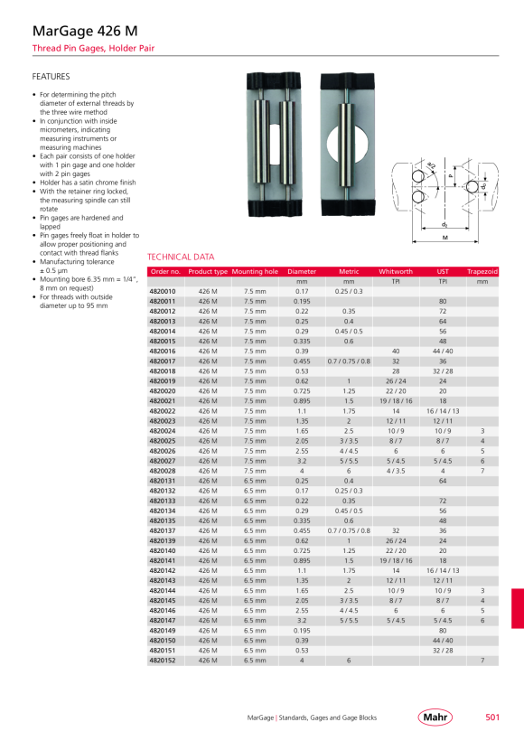 Mahr 426 M Holder pair Ø 0,170 mm mounting bore Ø 7,5 mm w.c. 4820010