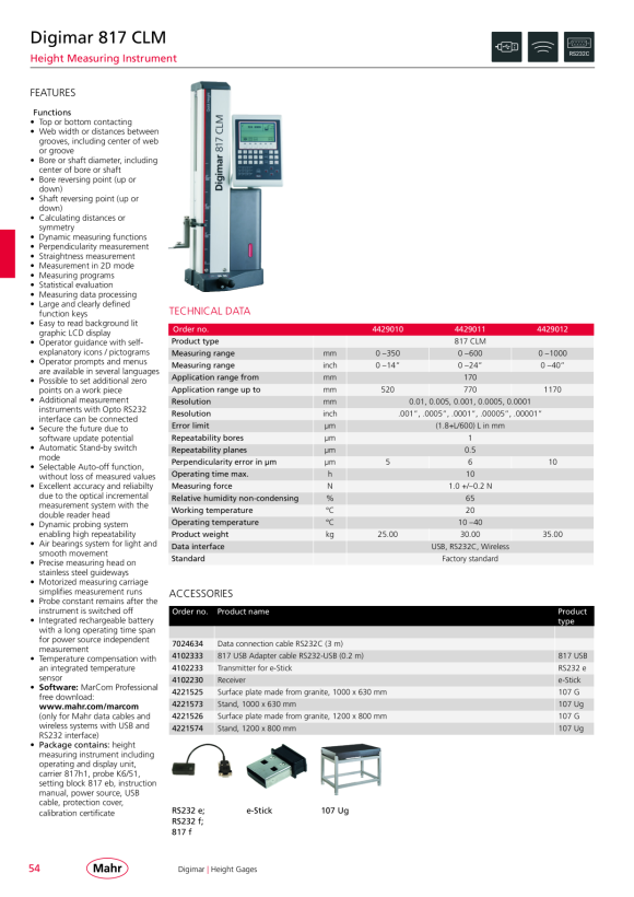 Mahr 817 CLM-2D Height Gauge, Digimar 0-1000mm 4429012
