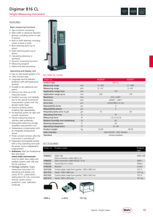 Mahr 817 CLM-2D Height Gauge, Digimar 0-1000mm 4429012