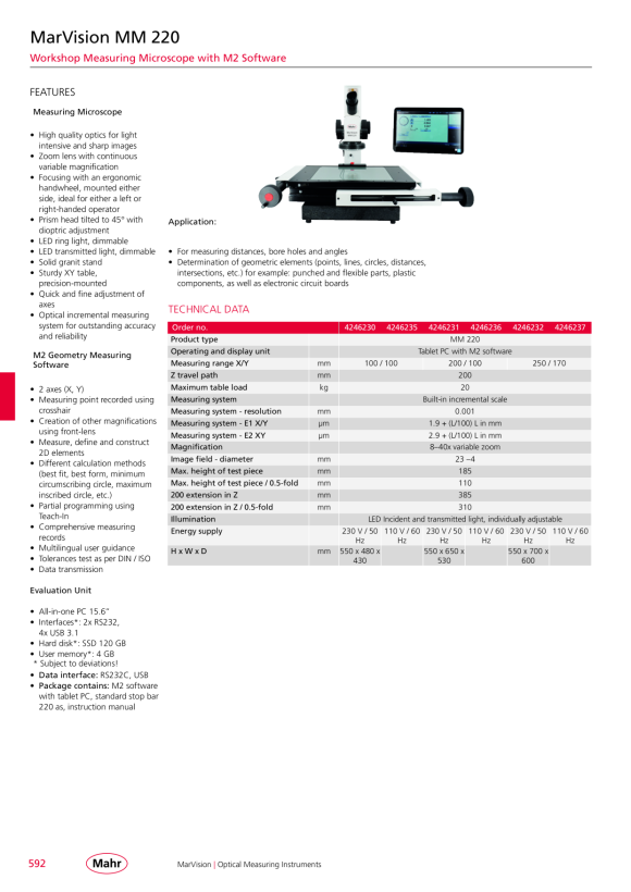 Mahr Mikroskop pomiarowy MM 220 200x100, zoom 8x-40x oprogramowanie M2 4246231