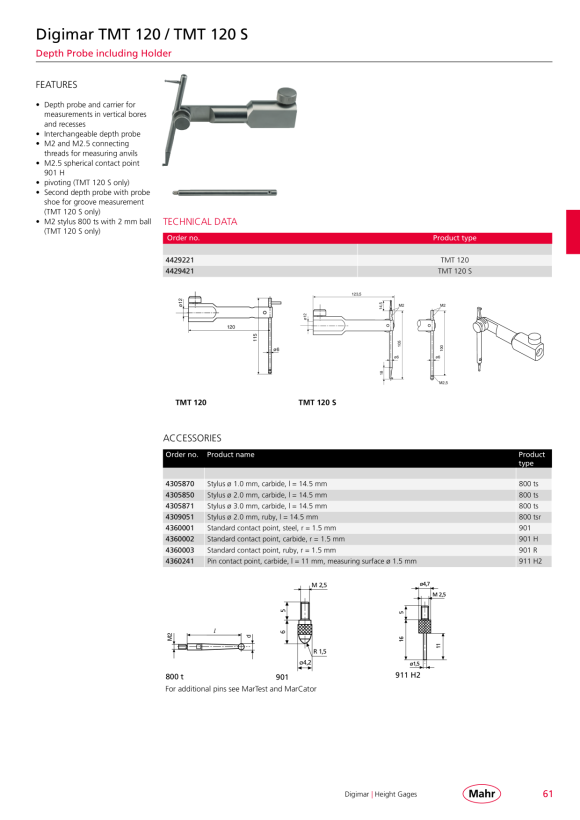 Mahr 901 R standard insert with, ruby ball 4360003