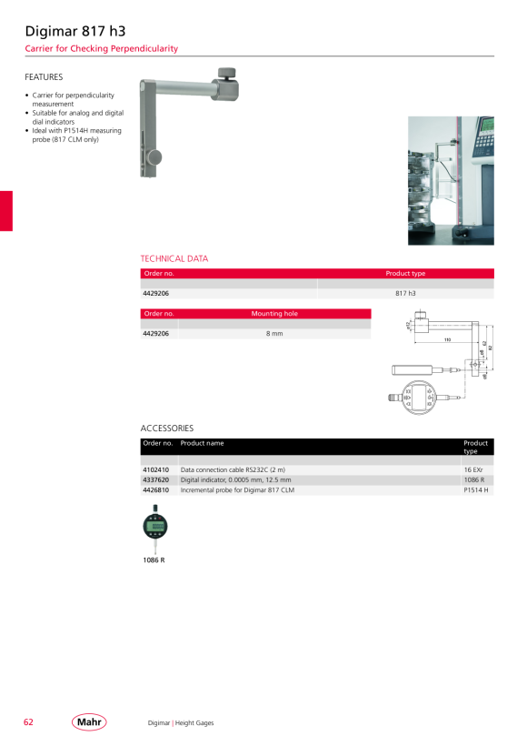 Mahr P1514 H, PROBE, FOR 817 CLM with Calibration 4426810
