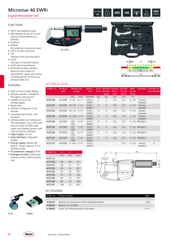 Mahr 40 EWR Digital Micrometer 50-75mm/2-3” with Data w.c. 4157002