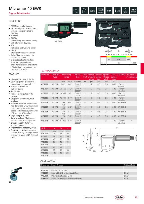 Mahr 40 EWR Digital Micrometer 50-75mm/2-3” with Data w.c. 4157002